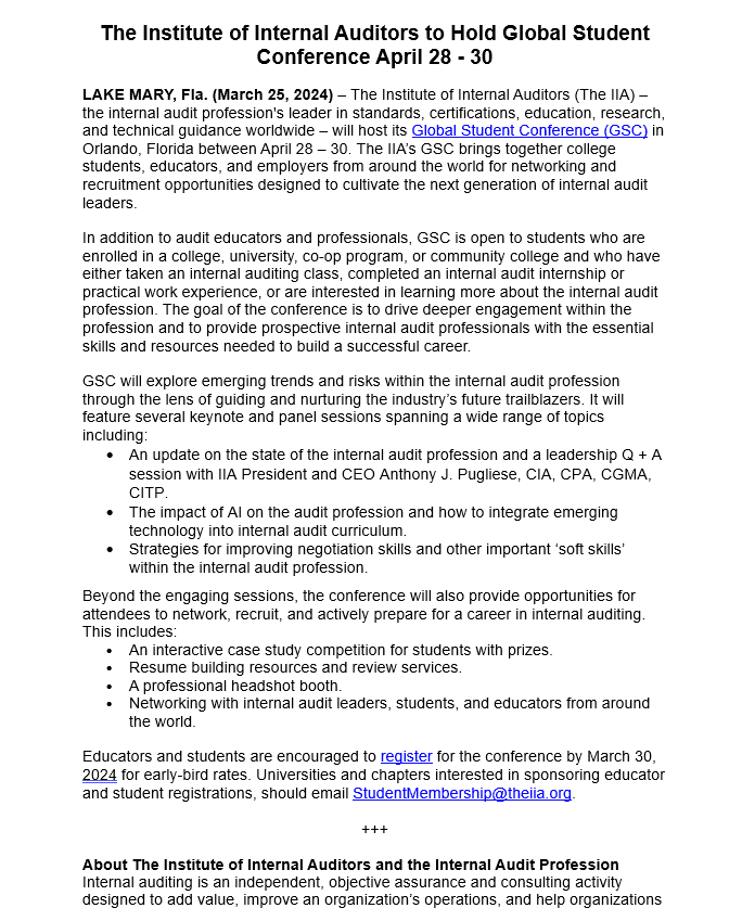 The Institute of Internal Auditors to Hold Global Student Conference