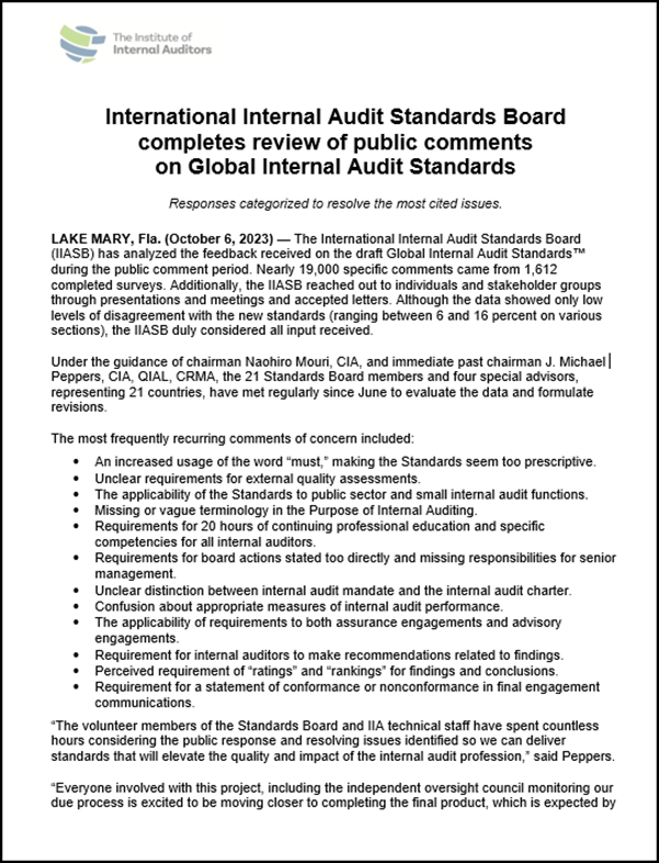 International internal audit standards board completes review of public