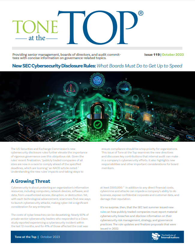 Tone at the Top: New SEC Cybersecurity Disclosure Rules: What Boards Must Do to Get Up to Speed